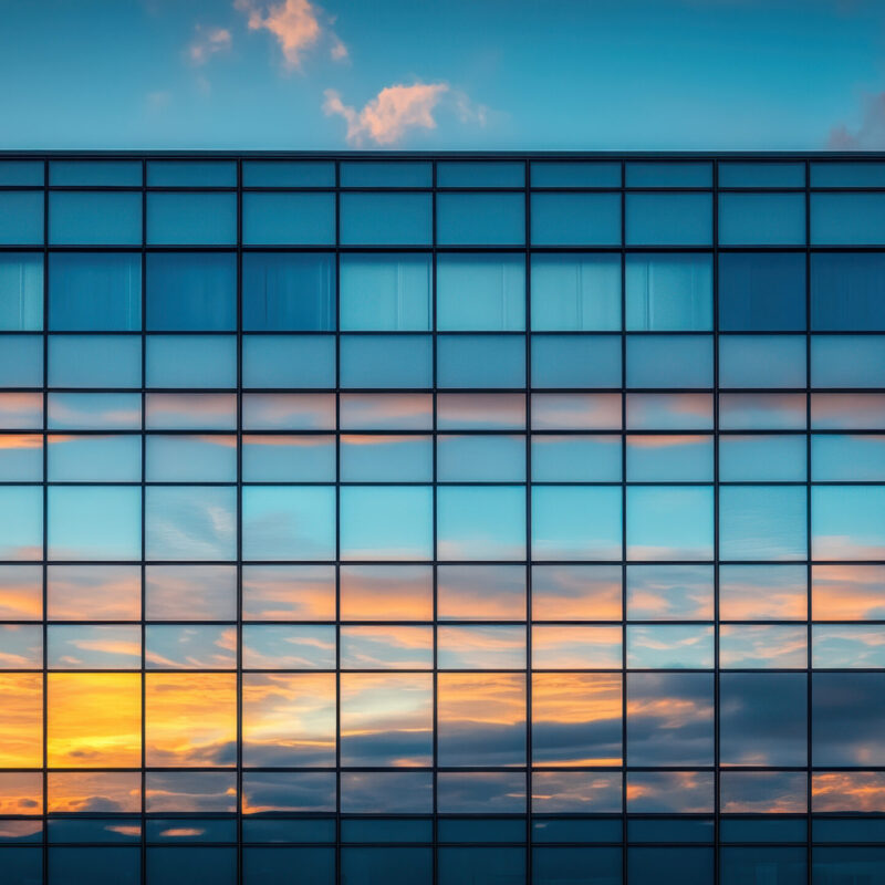 Modern office building exterior with a glass facade at sunset, featuring industrial architecture