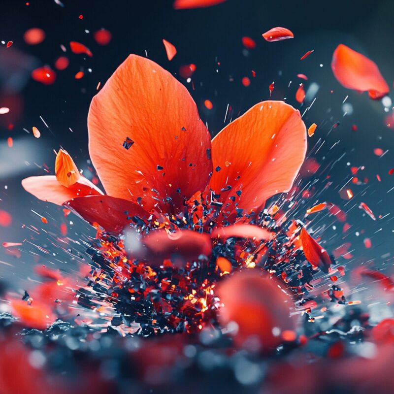 An orange bloom surrounded by crimson petals and water drops against a black backdrop, with a blue sky in the distance .