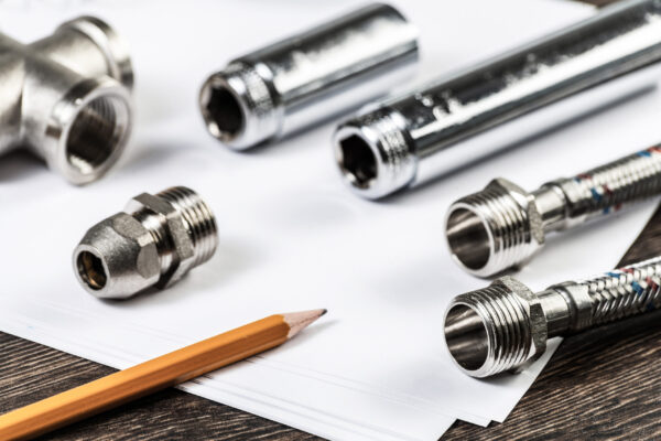 New flexible hydraulic system elements. Close up water fittings and connections with segments of braided hose. Plumbing pipeline on table. Professional designing and installation plumbing pipelines